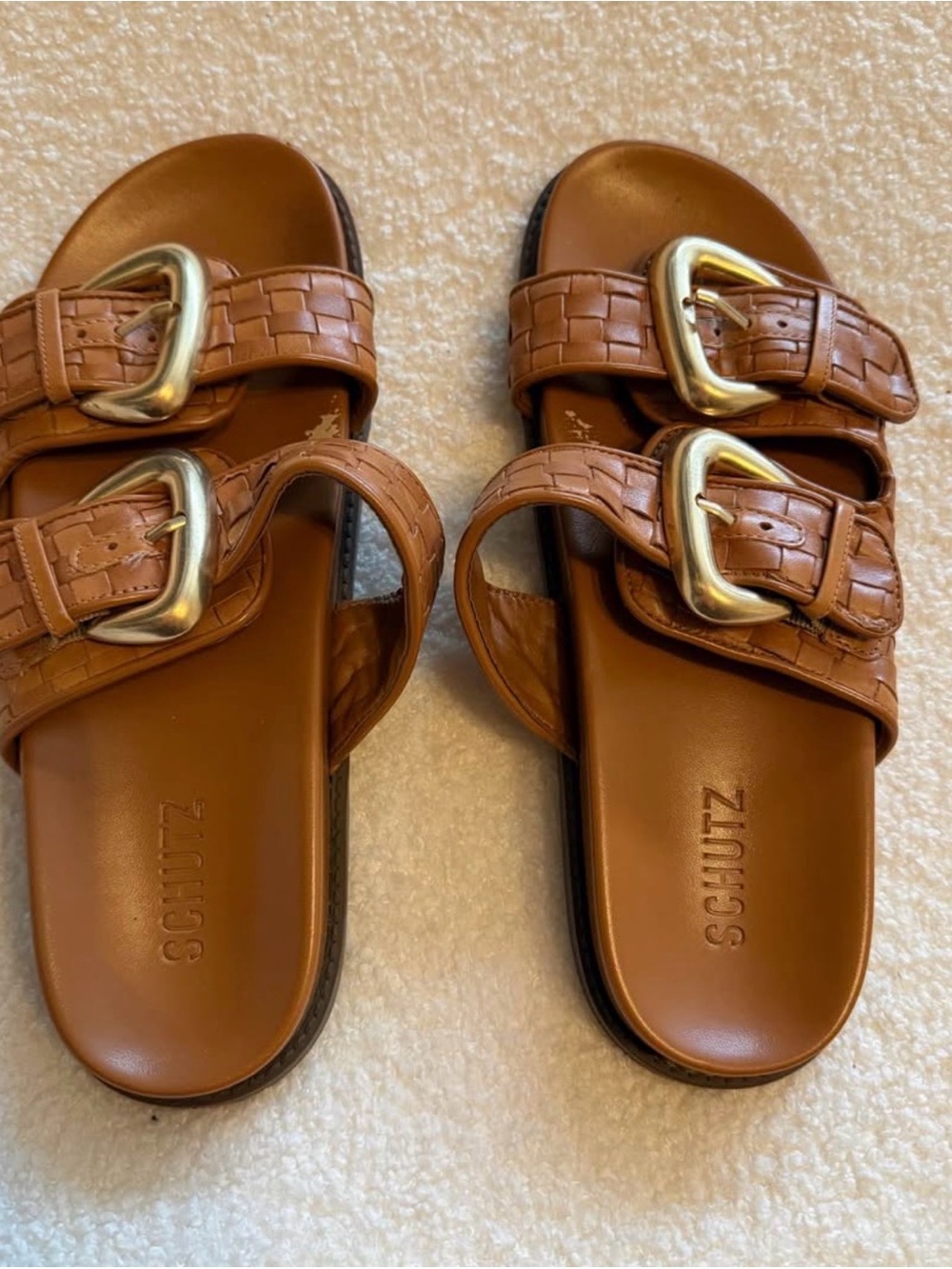 SCHUTZ Cognac Woven Double-Buckle Slide Sandals